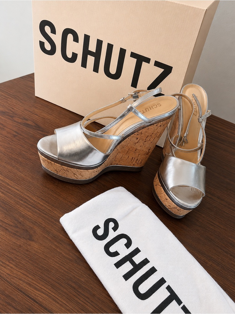 SCHUTZ Metallic Silver Cork Platform Wedge Sandals